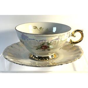 VTG GK Bavaria Iridescent Teacup & Saucer Gold Handle Rose Lusterware Germany